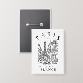Paris France – Sketch with Eiffel Tower & Café 缶バッジ