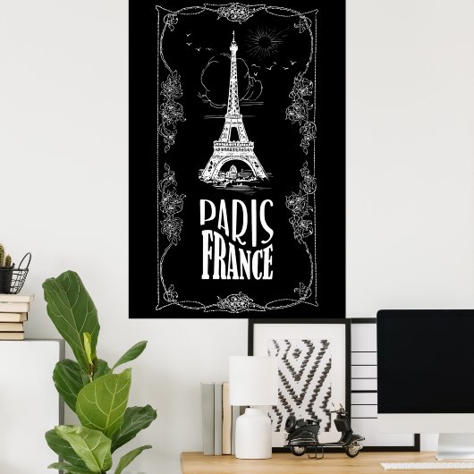 Paris France White on Blackポスター ポスター (ホームオフィス)