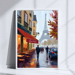 Paris French Cafe Eiffel Tower Watercolor ポスター