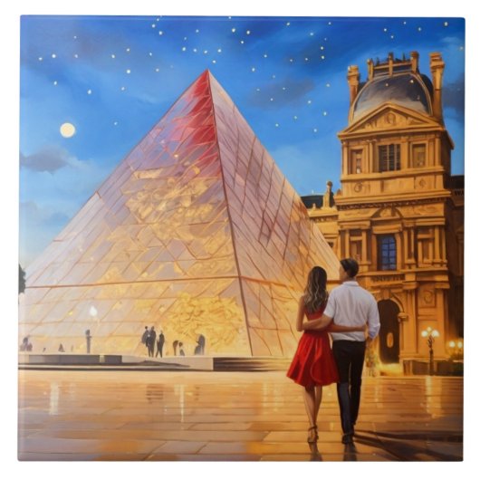 Paris Love: Louvre Museum Pyramid Romantic Couple タイル (正面)