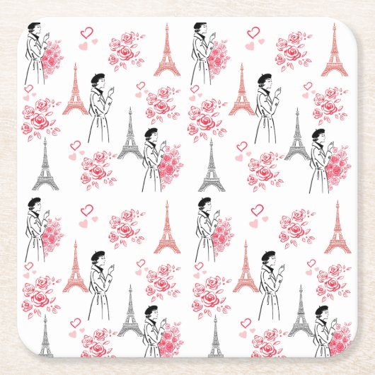 Paris Love Pattern – Eiffel Tower & Roses Seamless スクエアペーパーコースター (正面)