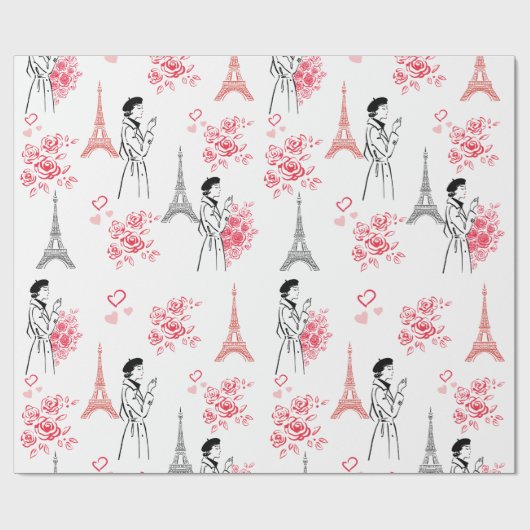 Paris Love Pattern – Eiffel Tower & Roses Seamless ラッピングペーパー (フラット)