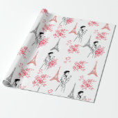 Paris Love Pattern – Eiffel Tower & Roses Seamless ラッピングペーパー (アンロールド)