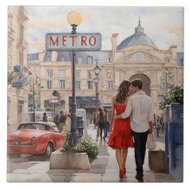 Paris Love: Romantic Couple by Train Station Metro タイル