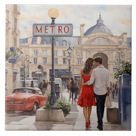 Paris Love: Romantic Couple by Train Station Metro タイル (正面)