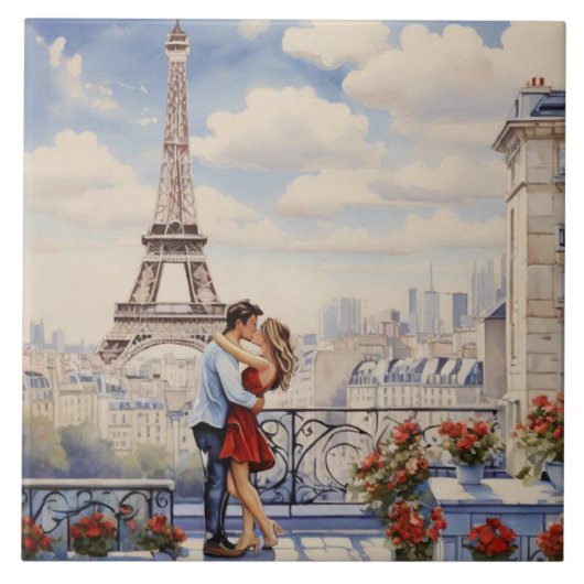 Paris Love: Romantic Couple Eiffel Tower Balcony タイル (正面)