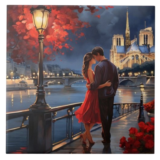 Paris Love: Romantic Couple Seine River Notre Dame タイル (正面)