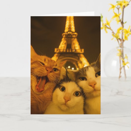 Paris Night Cat Selfie Squad Lover                 カード (黄色い花)