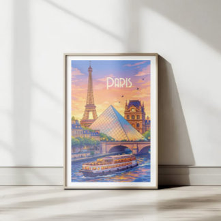 Paris Retro Travel Poster - Eiffel Tower & Louvre ポスター