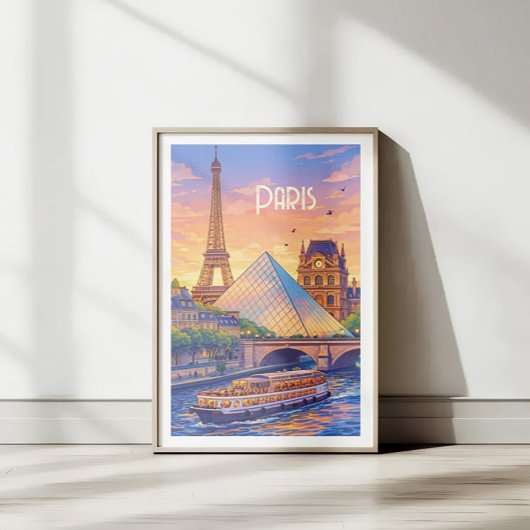 Paris Retro Travel Poster - Eiffel Tower & Louvre  ポスター
