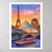 Paris Retro Travel Poster - Eiffel Tower & Louvre  ポスター (正面)