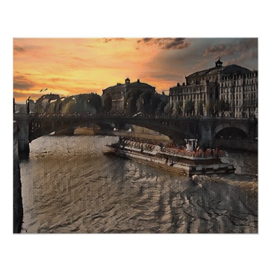Paris River Wall Art Cityscape Sunset Scene ポスター (正面)
