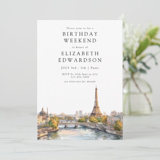 Paris Skyline Watercolor Birthday Weekend 招待状 (スタンド正面)