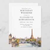 Paris Skyline Watercolor Birthday Weekend 招待状 (正面/裏面)