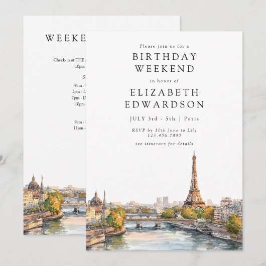 Paris Skyline Watercolor Birthday Weekend 招待状 (正面/裏面)