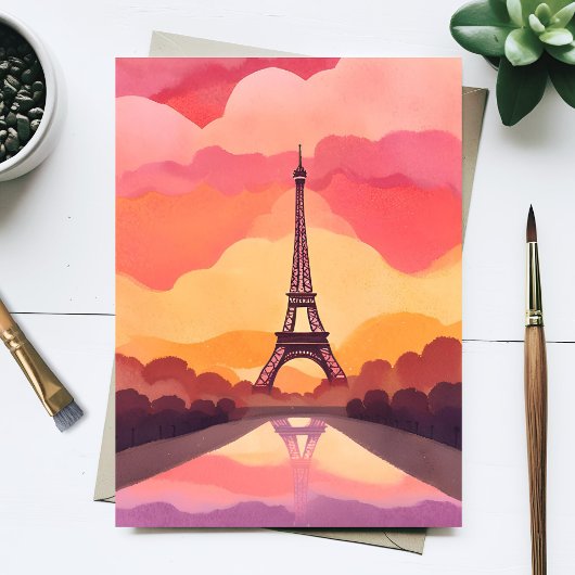 Paris Sunset | Eiffel Tower France Watercolor ポストカード
