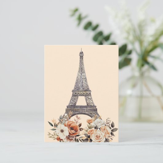 Paris Trip Eiffel Tower Beautiful Floral ポストカード (スタンド正面)