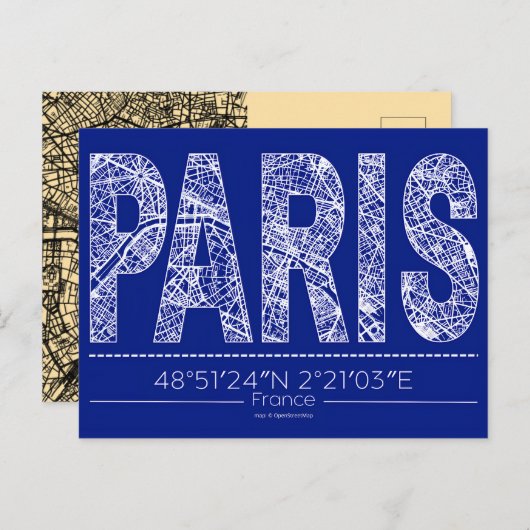 Paris Typography Map Postcard Modern Travel Design ポストカード (正面/裏面)