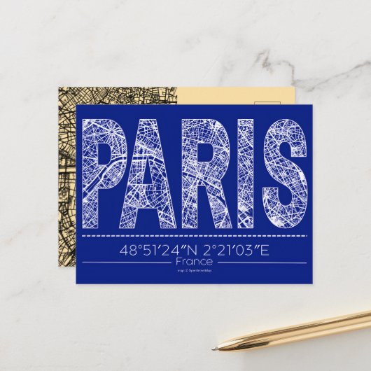 Paris Typography Map Postcard Modern Travel Design ポストカード (正面/裏面インサイチュ)