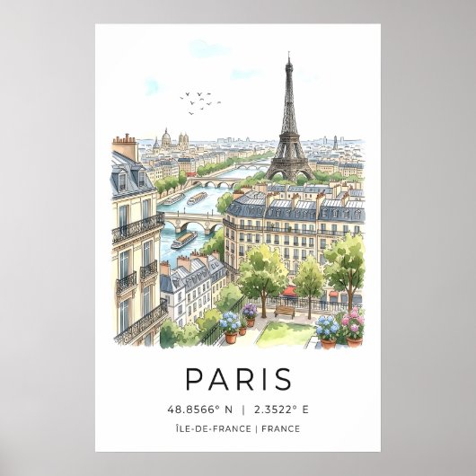 Paris Wall Art Print Fine Line Cityscape - Black ポスター (正面)