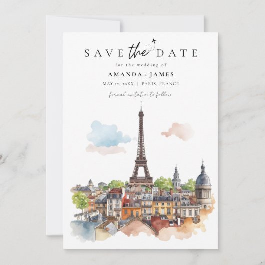 Paris Watercolor Skyline Save the Date 招待状 (正面)