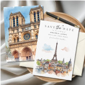Paris Watercolor Skyline Save the Date 招待状