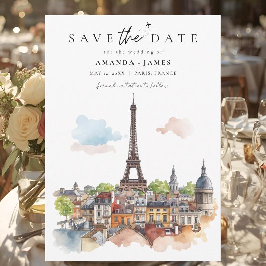 Paris Watercolor Skyline Save the Date 招待状