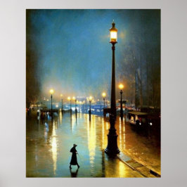 Paris wet evening lamps Big lamp Impressionism  ポスター