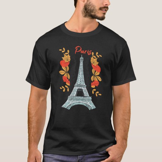 Paris With Autumn Leaves Eiffel Tower in Fall Fren Tシャツ (正面)