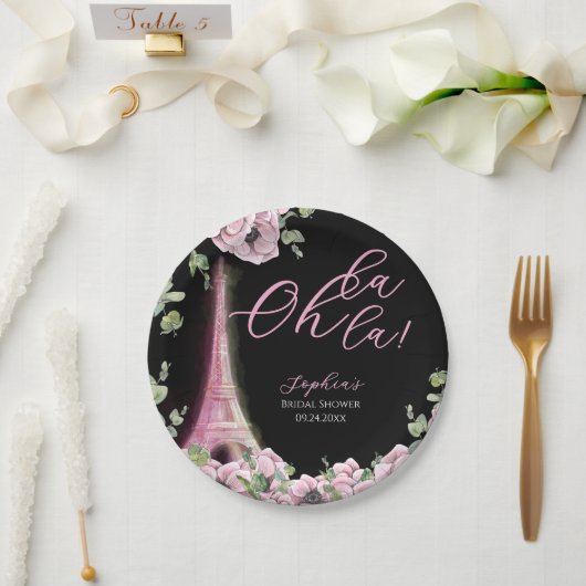 Parisian Black Pink Floral Paper Plate ペーパープレート (ウェディング)