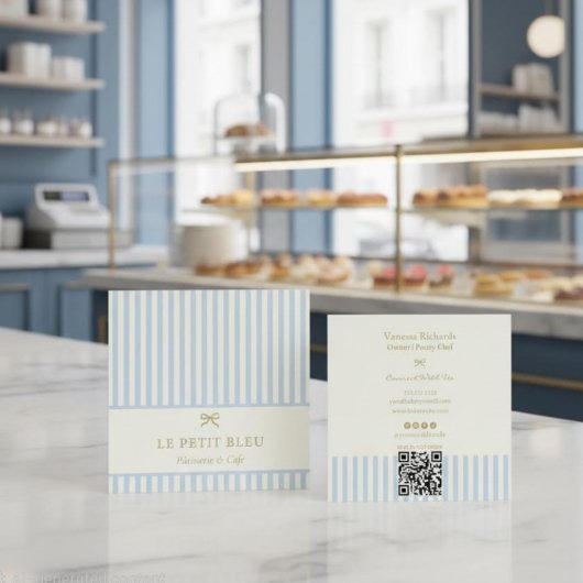 Parisian Blue Stripes French Bakery QR Patisserie  スクエア名刺