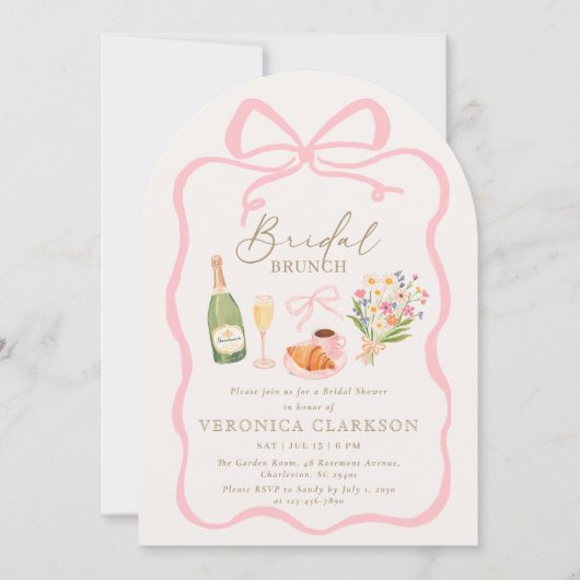Parisian Brunch Pink Bow Bridal Shower Invitation 招待状 (正面)
