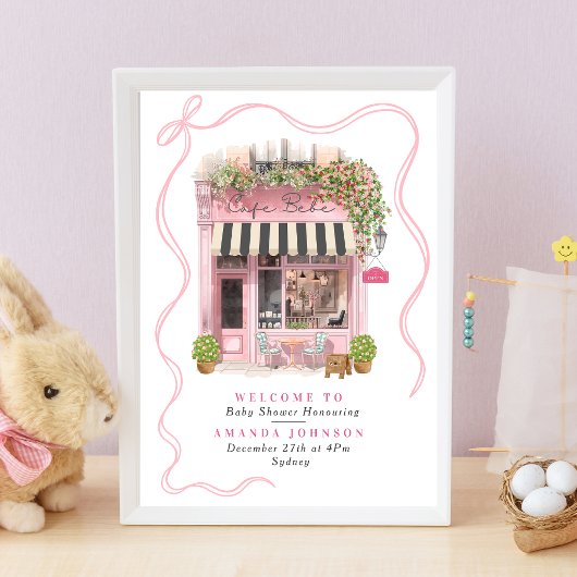 Parisian Cafe Bonjour Bebe Pink Bow Baby Shower ポスター