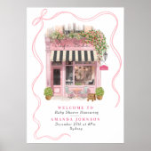Parisian Cafe Bonjour Bebe Pink Bow Baby Shower ポスター (正面)