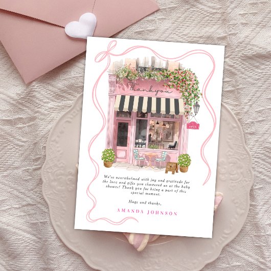 Parisian Cafe Bonjour Bebe Pink Bow Thank you 招待状