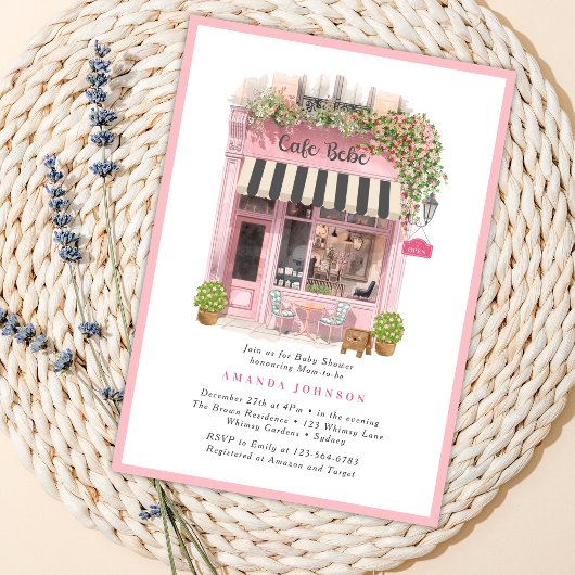 Parisian Cafe Bonjour Bebe Pink Theme Baby Shower  招待状
