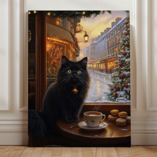Parisian Christmas Cat – Whimsical Black Cat Café  キャンバスプリント