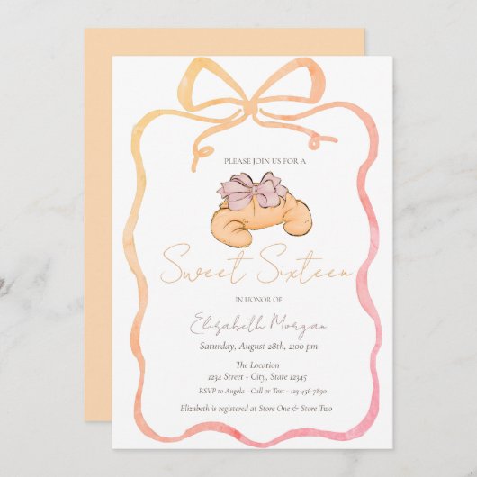 Parisian Croissant Chic Bow Sweet 16 招待状 (正面/裏面)