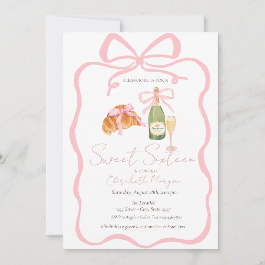 Parisian Croissant Pink Bow Champagne Sweet 16 招待状 (正面)