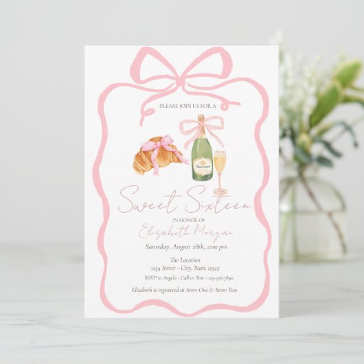Parisian Croissant Pink Bow Champagne Sweet 16 招待状 (スタンド正面)