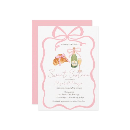 Parisian Croissant Pink Bow Champagne Sweet 16 招待状 (正面/裏面インサイチュ)