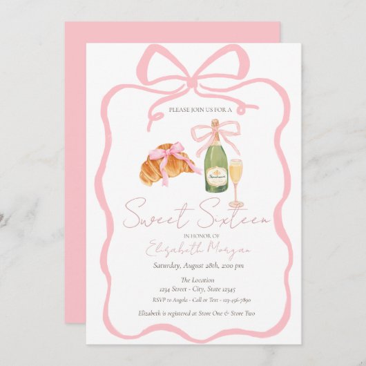 Parisian Croissant Pink Bow Champagne Sweet 16 招待状 (正面/裏面)