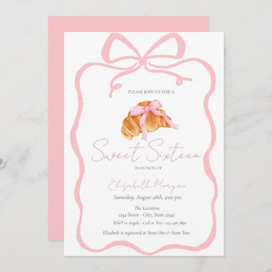 Parisian Croissant Pink Bow Sweet 16 招待状 (正面/裏面)