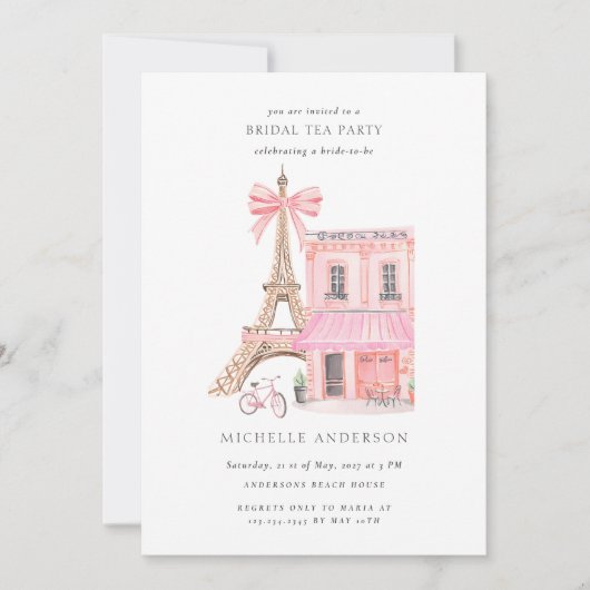 Parisian Tea Party QR Code Bridal Shower 招待状 (正面)