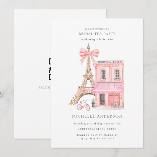 Parisian Tea Party QR Code Bridal Shower 招待状 (正面/裏面)