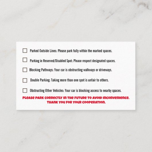 Parking Incorrectly complaint card 名刺 (裏面)