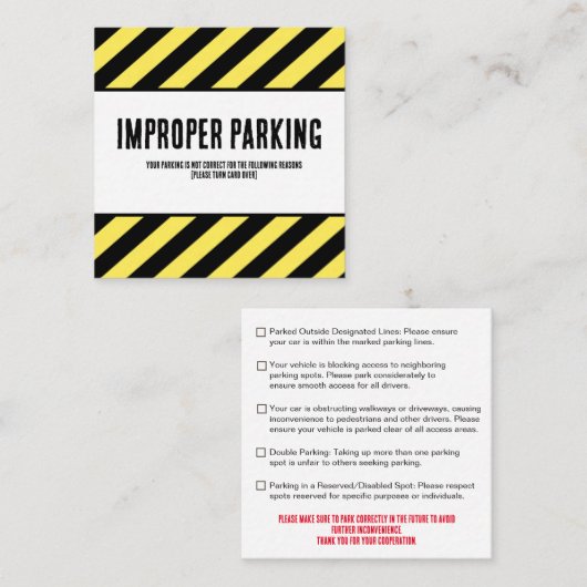 Parking Incorrectly Complaint Card, Funny Bad Park スクエア名刺 (正面/裏面)