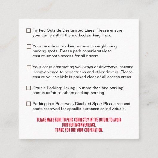 Parking Incorrectly Complaint Card, Funny Bad Park スクエア名刺 (裏面)