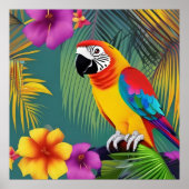 Parrot Bird Tropical Floral palms blue purple red ポスター (正面)