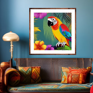 Parrot Bird Tropical Floral palms blue purple red ポスター